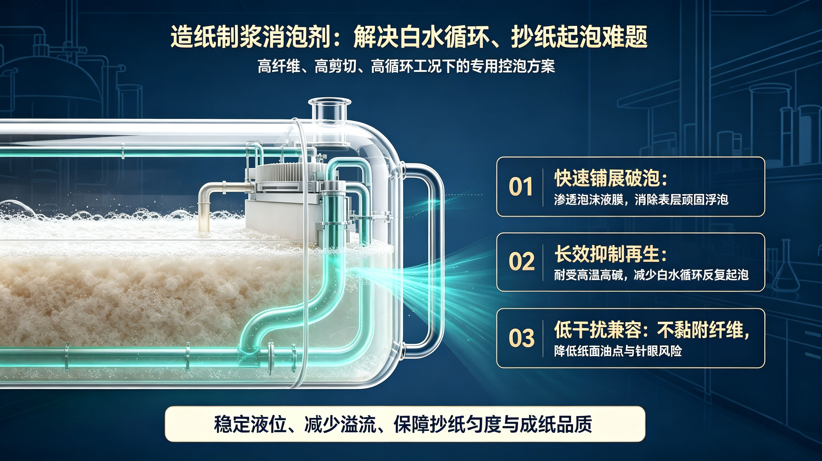 图1：造纸制浆消泡剂原理图（图片AI生成）